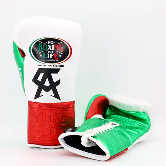 No Boxing No Life Pro Fight Gloves - White / Metallic Red / Metallic Green - CA