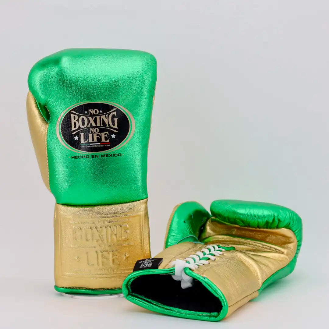 No Boxing No Life Pro Fight Gloves - Metallic Green / Metallic Gold